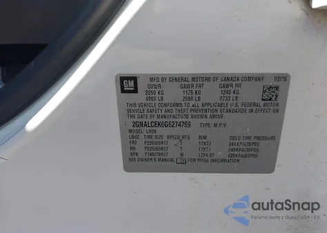 2016 Chevrolet Equinox Lt z USA, uszkodzony, nr VIN 2GNALCEK6G6274769